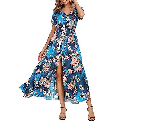 Teemie Damen Kleid Kurzarm Maxikleid Sommerkleid Boho Lang Kleider V Ausschnitt Strandkleid Sommer Casual Hübsche Blumenkleid Beachkleid Flowy Split Kleid mit Gürtel Holidy von Teemie