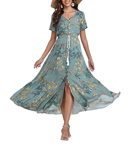 Teemie Damen Kleid Kurzarm Maxikleid Sommerkleid Boho Lang Kleider V Ausschnitt Strandkleid Sommer Casual Hübsche Blumenkleid Beachkleid Flowy Split Kleid mit Gürtel Holidy von Teemie