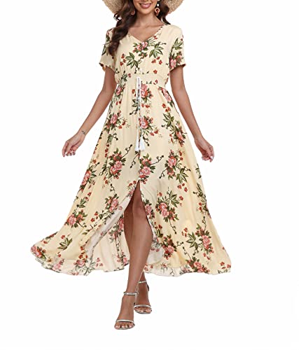 Teemie Damen Kleid Kurzarm Maxikleid Sommerkleid Boho Lang Kleider V Ausschnitt Strandkleid Sommer Casual Hübsche Blumenkleid Beachkleid Flowy Split Kleid mit Gürtel Holidy von Teemie