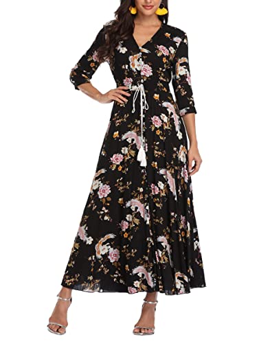 Teemie Damen Kleid Kurzarm Maxikleid Sommerkleid Boho Lang Kleider V Ausschnitt Strandkleid Sommer Casual Hübsche Blumenkleid Beachkleid Flowy Split Kleid mit Gürtel Holidy von Teemie