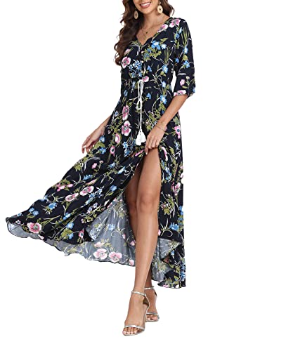 Teemie Damen Kleid Kurzarm Maxikleid Sommerkleid Boho Lang Kleider V Ausschnitt Strandkleid Sommer Casual Hübsche Blumenkleid Beachkleid Flowy Split Kleid mit Gürtel Holidy von Teemie