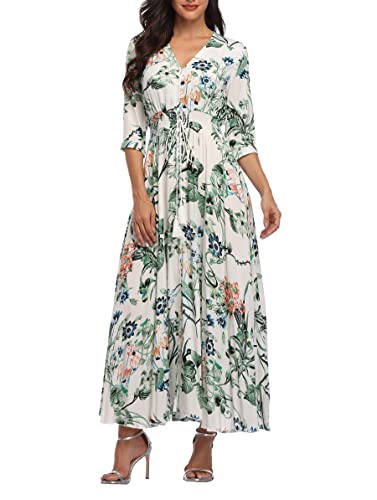 Teemie Damen Kleid Kurzarm Maxikleid Sommerkleid Boho Lang Kleider V Ausschnitt Strandkleid Sommer Casual Hübsche Blumenkleid Beachkleid Flowy Split Kleid mit Gürtel Holidy von Teemie