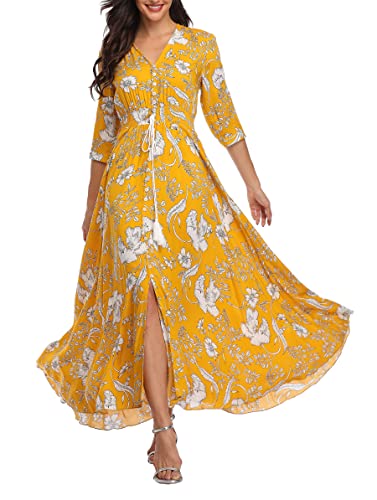 Teemie Damen Kleid Kurzarm Maxikleid Sommerkleid Boho Lang Kleider V Ausschnitt Strandkleid Sommer Casual Hübsche Blumenkleid Beachkleid Flowy Split Kleid mit Gürtel Holidy von Teemie