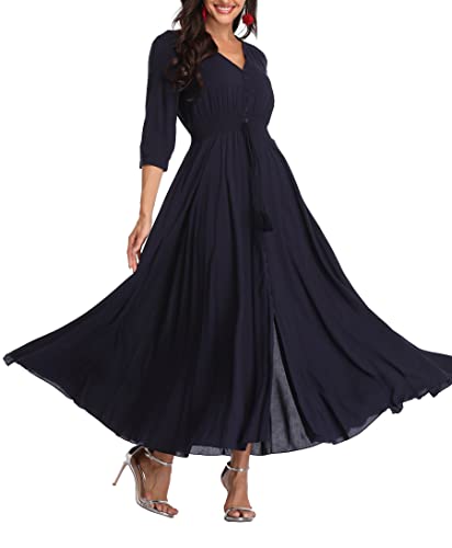 Teemie Damen Kleid Kurzarm Maxikleid Sommerkleid Boho Lang Kleider V Ausschnitt Strandkleid Sommer Casual Hübsche Blumenkleid Beachkleid Flowy Split Kleid mit Gürtel Holidy von Teemie