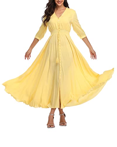 Teemie Damen Kleid Kurzarm Maxikleid Sommerkleid Boho Lang Kleider V Ausschnitt Strandkleid Sommer Casual Hübsche Blumenkleid Beachkleid Flowy Split Kleid mit Gürtel Holidy von Teemie