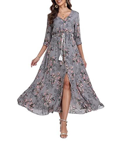 Teemie Damen Kleid Kurzarm Maxikleid Sommerkleid Boho Lang Kleider V Ausschnitt Strandkleid Sommer Casual Hübsche Blumenkleid Beachkleid Flowy Split Kleid mit Gürtel Holidy von Teemie