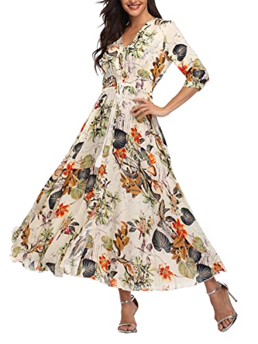 Teemie Damen Kleid Kurzarm Maxikleid Sommerkleid Boho Lang Kleider V Ausschnitt Strandkleid Sommer Casual Hübsche Blumenkleid Beachkleid Flowy Split Kleid mit Gürtel Holidy von Teemie