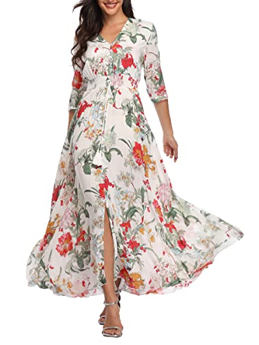 Teemie Damen Kleid Kurzarm Maxikleid Sommerkleid Boho Lang Kleider V Ausschnitt Strandkleid Sommer Casual Hübsche Blumenkleid Beachkleid Flowy Split Kleid mit Gürtel Holidy von Teemie