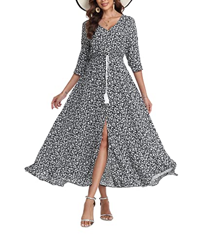 Teemie Damen Kleid Kurzarm Maxikleid Sommerkleid Boho Lang Kleider V Ausschnitt Strandkleid Sommer Casual Hübsche Blumenkleid Beachkleid Flowy Split Kleid mit Gürtel Holidy von Teemie