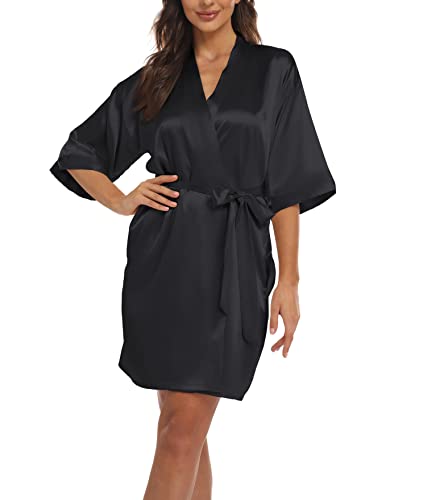 Teemie Damen Morgenmantel Bademantel Satin Kimono Robe Nachtwäsche Mit Gürtel Taschen Braut Brautjungfern Kurz Sexy V Ausschnitt Nachthemd Sommer Frauen 3/4 Ärmeln Pajama Hochzeit Party von Teemie