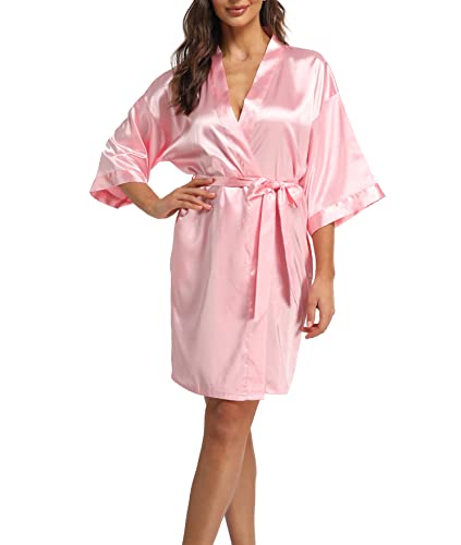 Teemie Damen Morgenmantel Bademantel Satin Kimono Robe Nachtwäsche Mit Gürtel Taschen Braut Brautjungfern Kurz Sexy V Ausschnitt Nachthemd Sommer Frauen 3/4 Ärmeln Pajama Hochzeit Party von Teemie