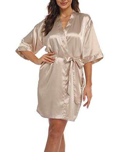 Teemie Damen Morgenmantel Bademantel Satin Kimono Robe Nachtwäsche Mit Gürtel Taschen Braut Brautjungfern Kurz Sexy V Ausschnitt Nachthemd Sommer Frauen 3/4 Ärmeln Pajama Hochzeit Party von Teemie