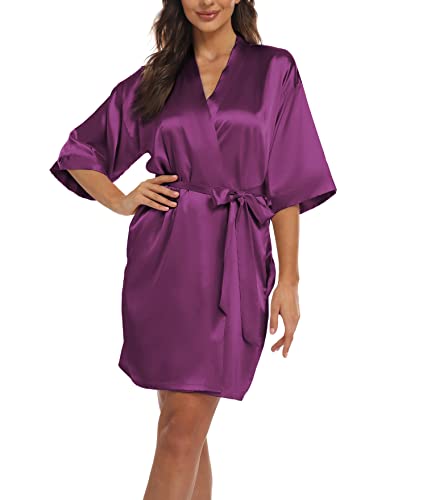 Teemie Damen Morgenmantel Bademantel Satin Kimono Robe Nachtwäsche Mit Gürtel Taschen Braut Brautjungfern Kurz Sexy V Ausschnitt Nachthemd Sommer Frauen 3/4 Ärmeln Pajama Hochzeit Party von Teemie