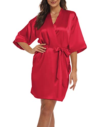 Teemie Damen Morgenmantel Bademantel Satin Kimono Robe Nachtwäsche Mit Gürtel Taschen Braut Brautjungfern Kurz Sexy V Ausschnitt Nachthemd Sommer Frauen 3/4 Ärmeln Pajama Hochzeit Party von Teemie