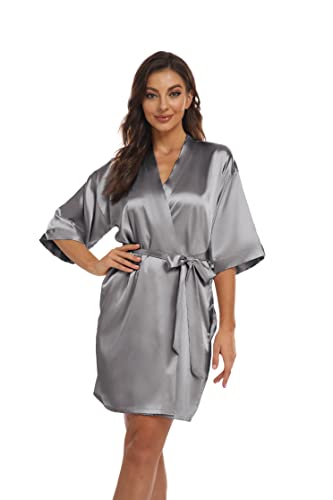 Teemie Damen Morgenmantel Bademantel Satin Kimono Robe Nachtwäsche Mit Gürtel Taschen Braut Brautjungfern Kurz Sexy V Ausschnitt Nachthemd Sommer Frauen 3/4 Ärmeln Pajama Hochzeit Party von Teemie