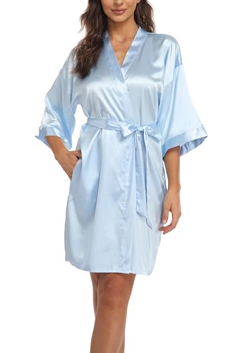 Teemie Damen Morgenmantel Bademantel Satin Kimono Robe Nachtwäsche Mit Gürtel Taschen Braut Brautjungfern Kurz Sexy V Ausschnitt Nachthemd Sommer Frauen 3/4 Ärmeln Pajama Hochzeit Party von Teemie