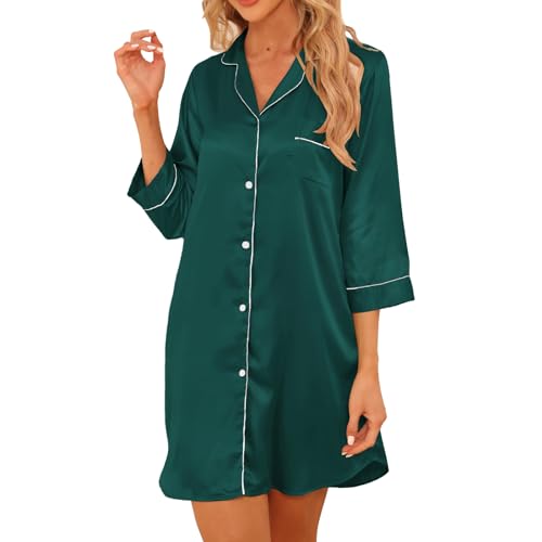 Teemie Damen Nachthemd V-Ausschnitt Satin Nachtkleid Nachtwäsche Sleepwear 3/4 Ärmeln Schlafshirt Knopfleiste Stillnachthemd Nachthemden Sleeepshirt Nursing Mit Knöpfen L von Teemie