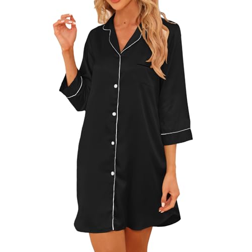 Teemie Damen Nachthemd V-Ausschnitt Satin Nachtkleid Nachtwäsche Sleepwear 3/4 Ärmeln Schlafshirt Knopfleiste Stillnachthemd Nachthemden Sleeepshirt Nursing Mit Knöpfen M von Teemie