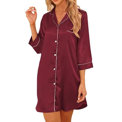 Teemie Damen Nachthemd V-Ausschnitt Satin Nachtkleid Nachtwäsche Sleepwear 3/4 Ärmeln Schlafshirt Knopfleiste Stillnachthemd Nachthemden Sleeepshirt Nursing Mit Knöpfen S von Teemie