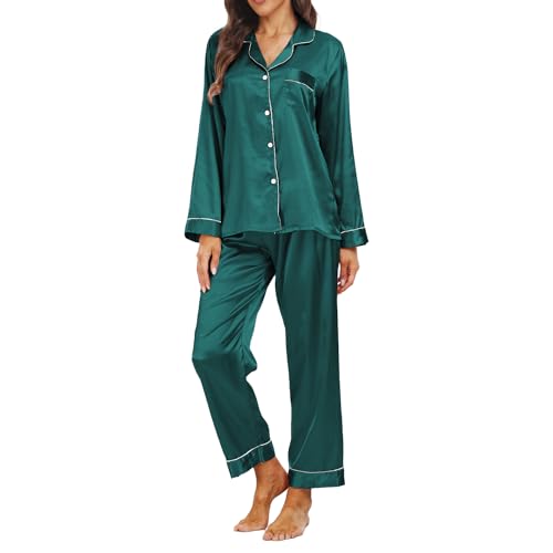 Teemie Damen Pyjama Sets Satin Nachtwäsche Schlafanzug Und Pyjamas Langarm Zweiteiliger Lang Loungewear Hausanzug PJs Hose Lange Seide mit Knopfleiste Jahreszeiten L von Teemie