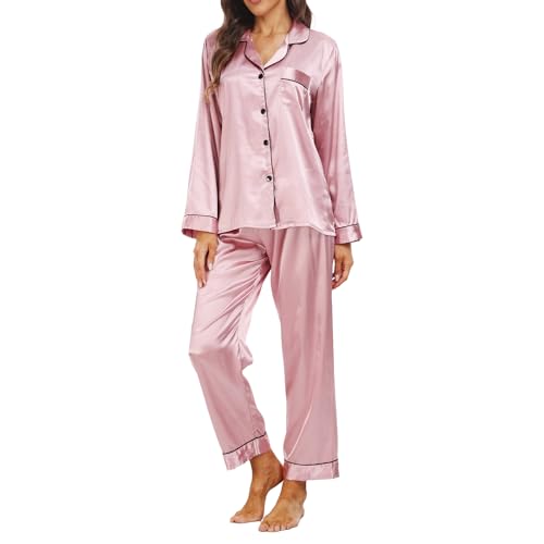 Teemie Damen Pyjama Sets Satin Nachtwäsche Schlafanzug Und Pyjamas Langarm Zweiteiliger Lang Loungewear Hausanzug PJs Hose Lange Seide mit Knopfleiste Jahreszeiten L von Teemie