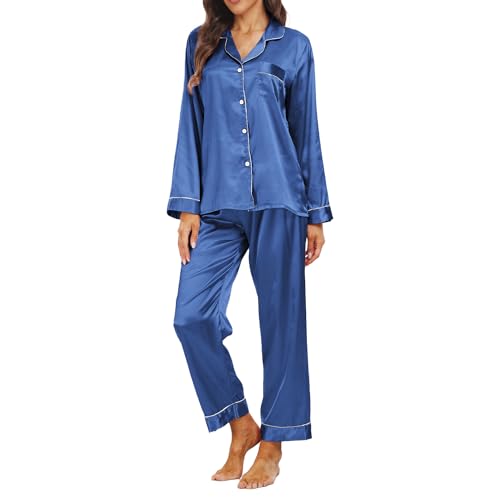 Teemie Damen Pyjama Sets Satin Nachtwäsche Schlafanzug Und Pyjamas Langarm Zweiteiliger Lang Loungewear Hausanzug PJs Hose Lange Seide mit Knopfleiste Jahreszeiten L von Teemie