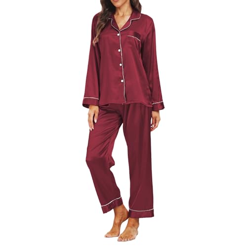 Teemie Damen Pyjama Sets Satin Nachtwäsche Schlafanzug Und Pyjamas Langarm Zweiteiliger Lang Loungewear Hausanzug PJs Hose Lange Seide mit Knopfleiste Jahreszeiten M von Teemie