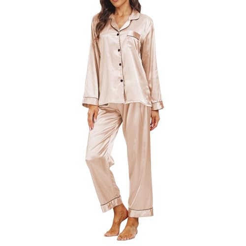 Teemie Damen Pyjama Sets Satin Nachtwäsche Schlafanzug Und Pyjamas Langarm Zweiteiliger Lang Loungewear Hausanzug PJs Hose Lange Seide mit Knopfleiste Jahreszeiten M von Teemie