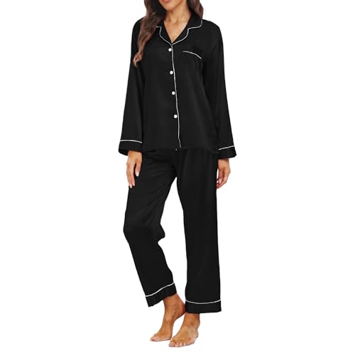 Teemie Damen Pyjama Sets Satin Nachtwäsche Schlafanzug Und Pyjamas Langarm Zweiteiliger Lang Loungewear Hausanzug PJs Hose Lange Seide mit Knopfleiste Jahreszeiten L von Teemie