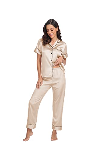 Teemie Damen Schlafanzug Kurz Pyjama Sets Satin Kurze Hosen Zweiteiliger Schlafanzüge Für Sommer Loungewear Nachtwäsche Braun S von Teemie