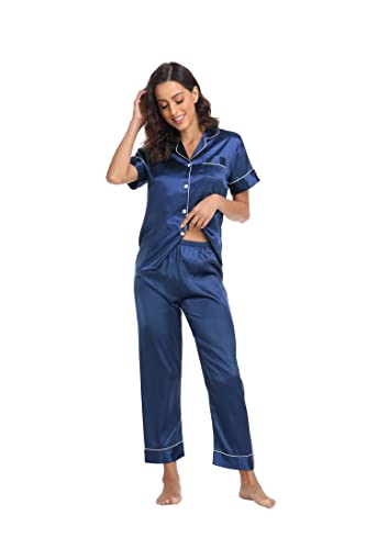 Teemie Damen Schlafanzug Kurz Pyjama Sets Satin Kurze Hosen Zweiteiliger Schlafanzüge Für Sommer Loungewear Nachtwäsche Dunkelblau M von Teemie