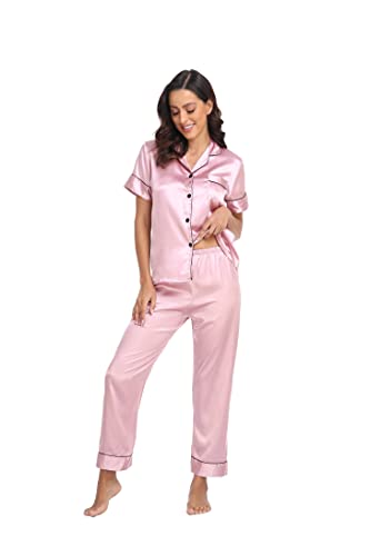 Teemie Damen Schlafanzug Kurz Pyjama Sets Satin Kurze Hosen Zweiteiliger Schlafanzüge Für Sommer Loungewear Nachtwäsche Pink XXL von Teemie