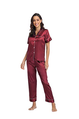 Teemie Damen Schlafanzug Kurz Pyjama Sets Satin Kurze Hosen Zweiteiliger Schlafanzüge Für Sommer Loungewear Nachtwäsche Weinrot S von Teemie