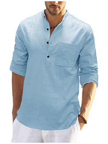 Teemie Herren Hemd Langarm Freizeithemd Leinenhemd Sommerhemd Henley Shirts Baumwolle Sommer Basic Shirt Regular Fit Button Tops Kragenloses Stehkragen Businesshemd for Männer Blau M von Teemie