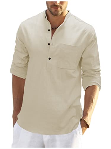 Teemie Herren Hemd Langarm Freizeithemd Leinenhemd Sommerhemd Henley Shirts Baumwolle Sommer Basic Shirt Regular Fit Button Tops Kragenloses Stehkragen Businesshemd Männer Apricot L von Teemie