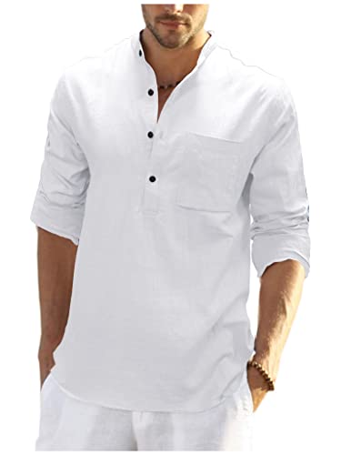 Teemie Herren Hemd Langarm Freizeithemd Leinenhemd Sommerhemd Henley Shirts Baumwolle Sommer Basic Shirt Regular Fit Button Tops Kragenloses Stehkragen Businesshemd for Männer Weiß S von Teemie