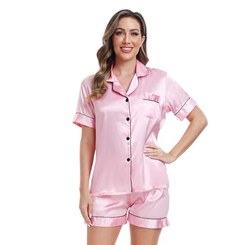 Teemie Schlafanzug Damen Kurzarm Pyjama Set Mit Knopfleiste Zweiteiliger Nachtwäsche Hausanzug Sommer V-Ausschnitt Pjs für Frauen Sleepwear Sexy Sleepshirt Helles Rosa XL von Teemie