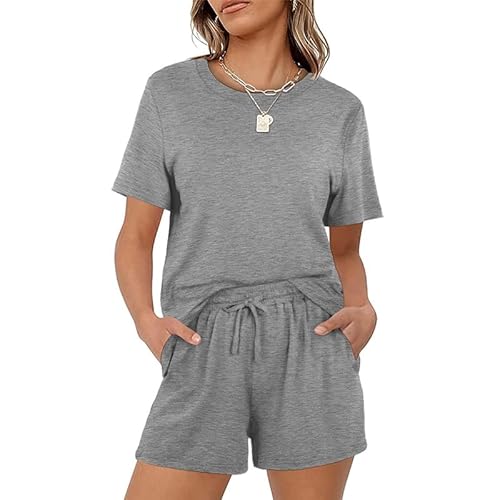 Teemie Schlafanzug Damen Kurz Pyjama Set Nachtwäsche Mit Kordelzug Und Taschen Sleepwear Zweiteiler Hausanzug Sexy Loungewear Für Frauen Große Größen Grau M von Teemie