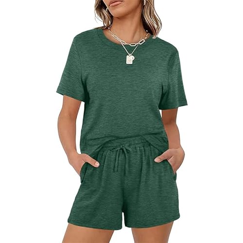 Teemie Schlafanzug Damen Kurz Pyjama Set Nachtwäsche Mit Kordelzug Und Taschen Sleepwear Zweiteiler Hausanzug Sexy Loungewear Für Frauen Große Größen Grün S von Teemie