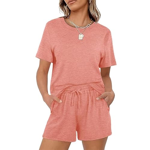 Teemie Schlafanzug Damen Kurz Pyjama Set Nachtwäsche Mit Kordelzug Und Taschen Sleepwear Zweiteiler Hausanzug Sexy Loungewear Für Frauen Große Größen Rosa M von Teemie