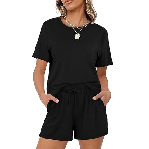 Teemie Schlafanzug Damen Kurz Pyjama Set Nachtwäsche Mit Kordelzug Und Taschen Sleepwear Zweiteiler Hausanzug Sexy Loungewear Für Frauen Große Größen Schwarz M von Teemie