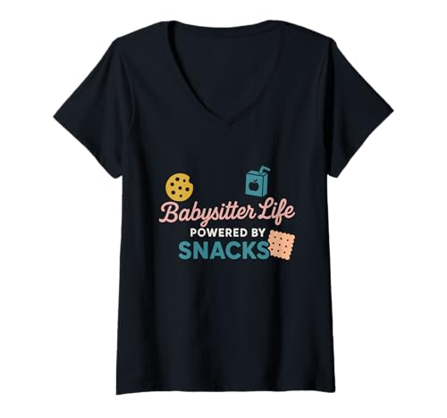 Damen Babysitter Powered by Snacks Lustiges Babysitting-Geschenk T-Shirt mit V-Ausschnitt Damen Babysitter Powered by Snacks Lustiges Babysitting-Geschenk T-Shirt mit V-Ausschnitt von Teen Sitter Life Nanny Humor Babysitter Gift Idea