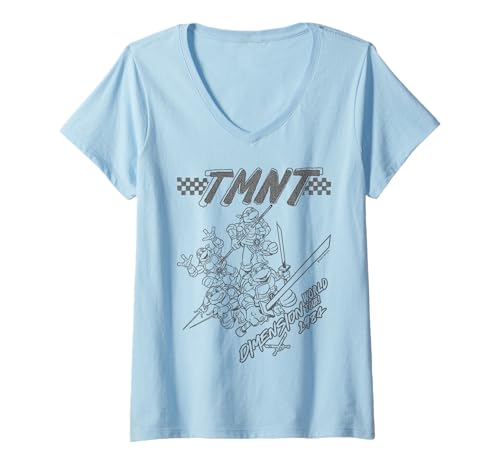 Damen TMNT Classic Retro Remix Motiv Ninja Turtle Dimension X Line T-Shirt mit V-Ausschnitt Damen TMNT Classic Retro Remix Motiv Ninja Turtle Dimension X Line T-Shirt mit V-Ausschnitt von Teenage Mutant Ninja Turtles