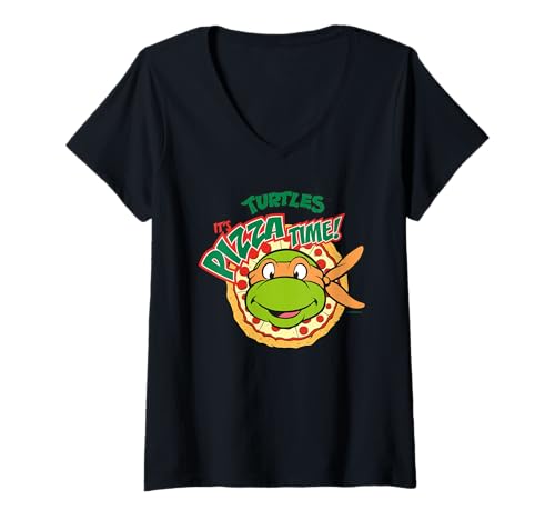 Damen TMNT Heroes Michelangelo Retro Pizza Time im Comic-Vibes-Stil T-Shirt mit V-Ausschnitt von Teenage Mutant Ninja Turtles