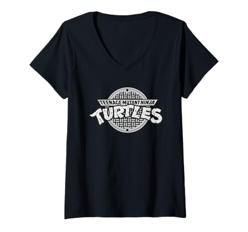 Damen TMNT Retro-Graustufen-Logo, Halbschale, klassisches Kunstwerk T-Shirt mit V-Ausschnitt von Teenage Mutant Ninja Turtles