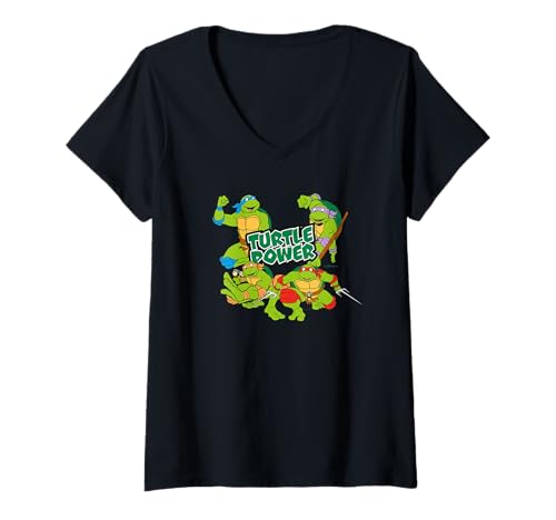Damen TMNT Heroes Halbschale Schildkröte Power Pose Retro Comic Kunstwerk T-Shirt mit V-Ausschnitt von Teenage Mutant Ninja Turtles