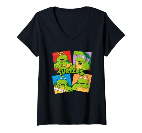 Damen TMNT Helden Halbschale Team Collage Retro Comic Vibes Style T-Shirt mit V-Ausschnitt von Teenage Mutant Ninja Turtles