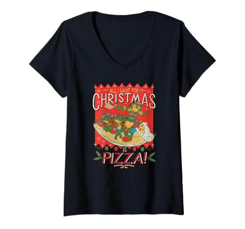 Damen Teenage Mutant Ninja Turtles All I Want 4 Christmas is Pizza T-Shirt mit V-Ausschnitt von Teenage Mutant Ninja Turtles
