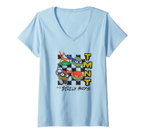 Damen Teenage Mutant Ninja Turtles Checkered The Steely Boys Faces T-Shirt mit V-Ausschnitt von Teenage Mutant Ninja Turtles
