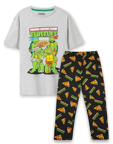 Teenage Mutant Ninja Turtles Herren Pyjama-Set | Erwachsene Graues Distressed Pizza Party Kurzarm-Grafik-T-Shirt & Allover-Print Lange Beinhosen Pyjamas | TMNT Classic 90er Jahre Merchandise-Geschenk von Teenage Mutant Ninja Turtles